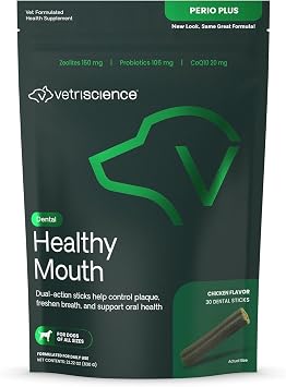 VetriScience Healthy Mouth Dental Chews, Perio Plus Sticks for Dogs, with Probiotics, Spirulina & Zeolites, Breath Freshening, Plaque & Tartar Control, Chicken, 30 Count