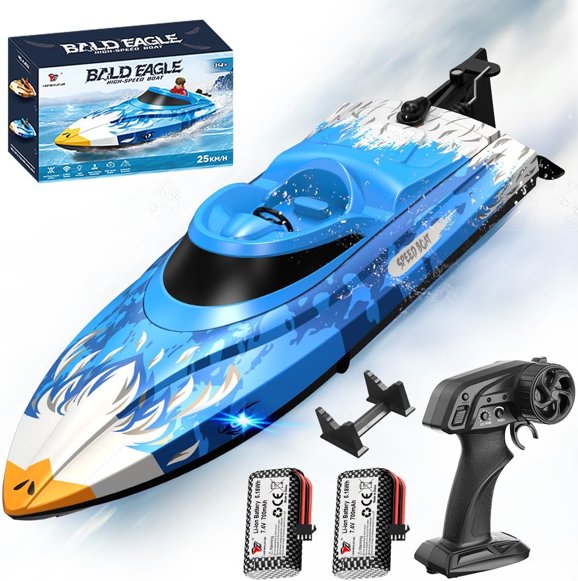 RC Boat 25KM/H High Speed Waterproof Remote Control Boat,Water Cooling, 2.4GHz Remote, 2 Batteries, LED Lights, One-Key Flip, Low Battery & Out-of-Range Alarm, Pool & Lake Racing for Kids & Adults