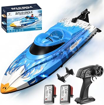 RC Boat 25KM/H High Speed Waterproof Remote Control Boat,Water Cooling, 2.4GHz Remote, 2 Batteries, LED Lights, One-Key Flip, Low Battery & Out-of-Range Alarm, Pool & Lake Racing for Kids & Adults