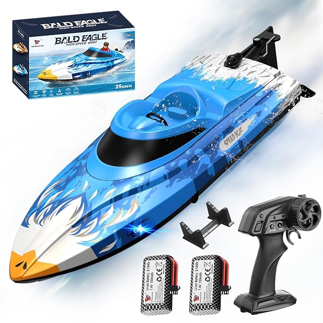 Barco teledirigido RC 25 km/h, impermeable con mando 2.4GHz, refrigeración por agua, luz LED, función Flip automática, alarma de batería y distancia, 2 baterías, para niños y adultos, piscina y lago