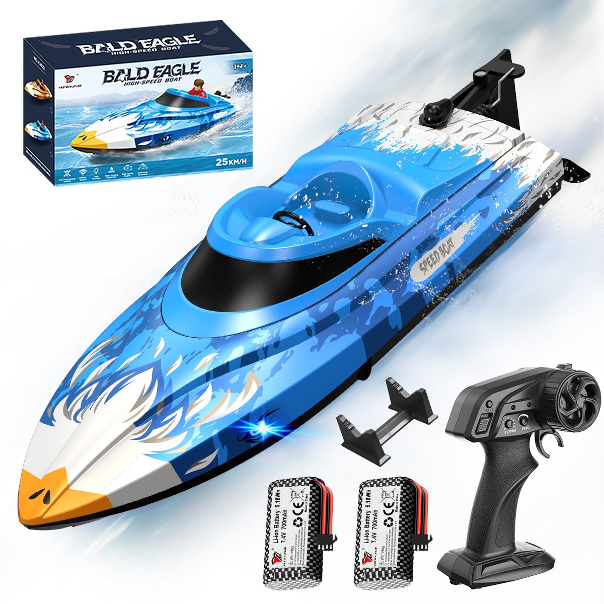 RC Boat 25KM/H High Speed Waterproof Remote Control Boat,Water Cooling, 2.4GHz Remote, 2 Batteries, LED Lights, One-Key Flip, Low Battery &