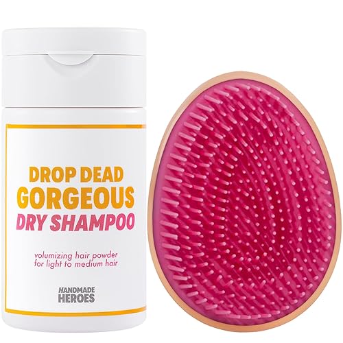 Handmade Heroes Champú seco en polvo y cepillo de volumen. Ingredientes naturales limpios y veganos Belleza sostenible. Para cabello claro y rubio.