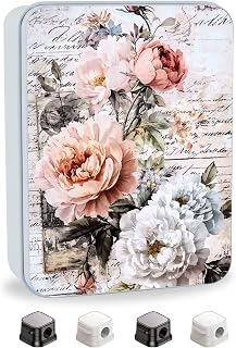 Metal Tin Box with Lid,Multi-functional Storage Box Can Store Tea Biscuits Game Cards, Playing & Tarot Cards-Comes with 4 Magnetic Cord Clips,Vintage Floral Bouquet