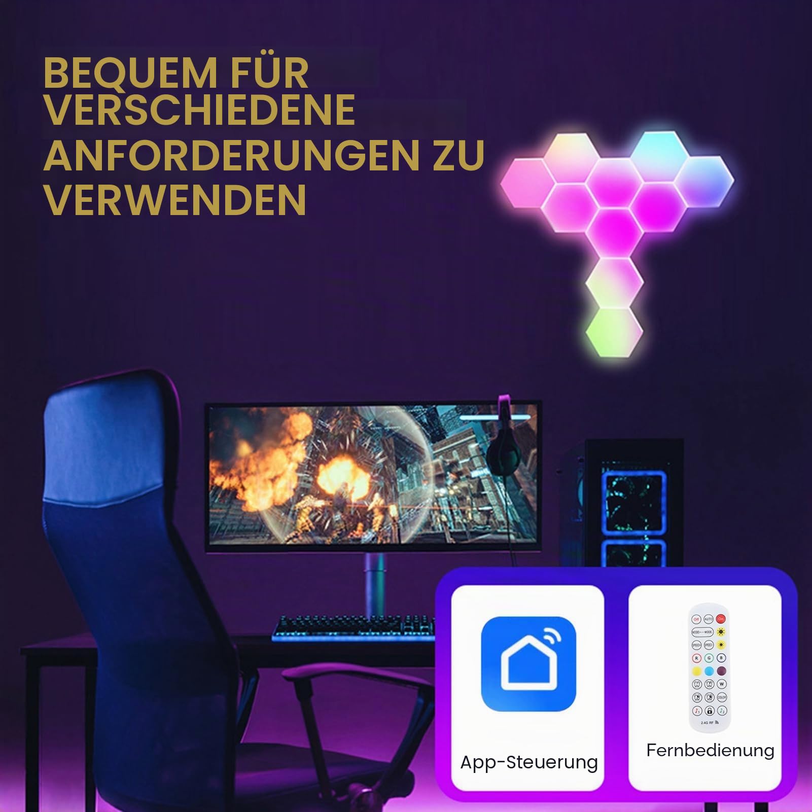 Kavolet LED Sechseck Gaming Wandleuchte, 8pcs Hexagon RGB Panel, DIY BT Graffiti Wifi Sprachsteuerung Gaming Wabe Licht, Spleißen Quantenatmosphäre Wandlampe, Gamer Room Deko Modular Lampe