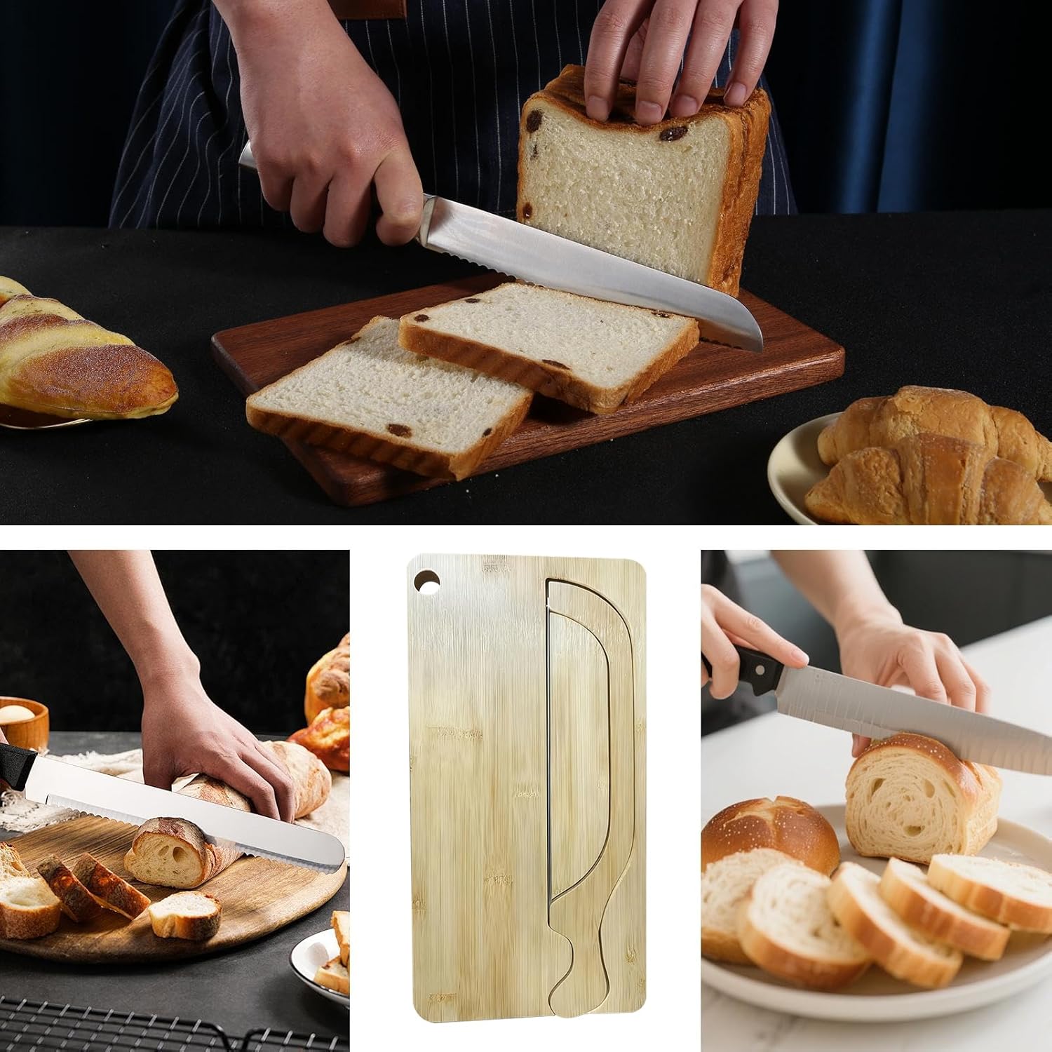 Kitchen Bread Slicer - Stainless Portable Wood Tray for Bow-Shaped Slicing with Ergonomic Design | Durable Wood Material with Ambidextrous Use for Home Kitchen Restaurant Apartment Breakfast Bagels