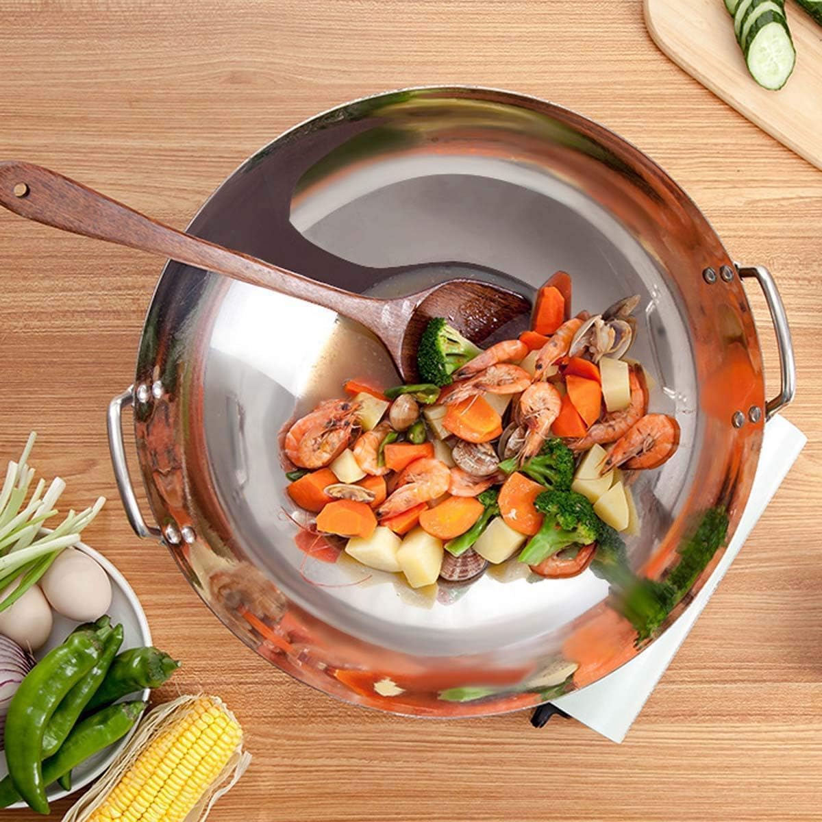 Stainless steel wok, wok pan without chemical stir-fry pan with flat bottom, large stainless steel frying pan, healthy non-stick coating and easy to clean, 45cm