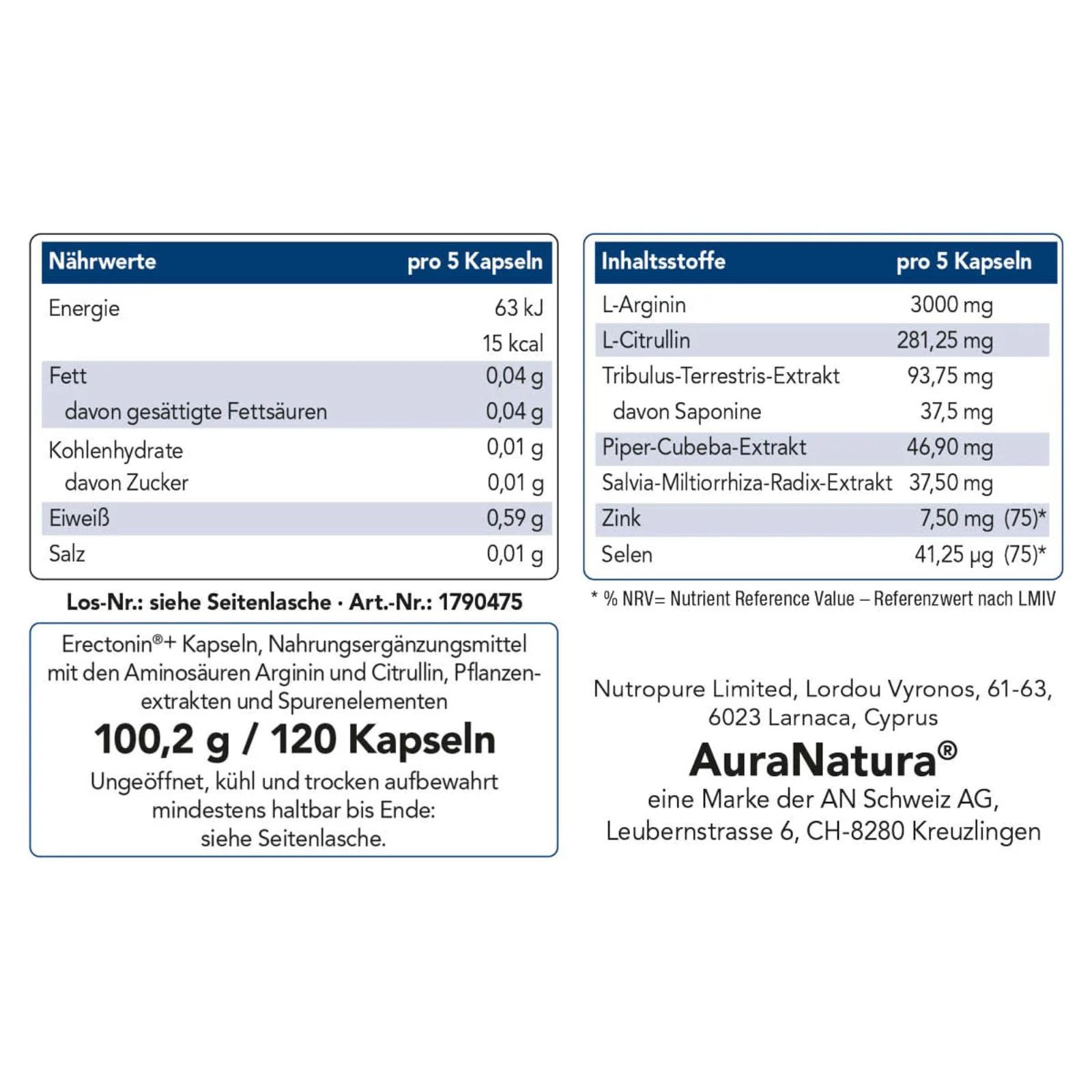 Aura Natura® Erectonin Plus | L-Arginin, L-Citrullin Kapseln mit Zink & Selen | 7-fach Formel für Männer | je Tagesdosis 6933 mg | 120 Kapseln