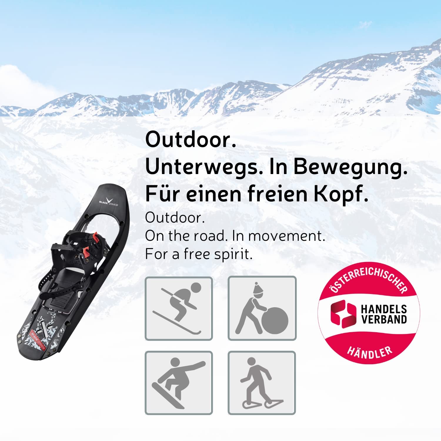 Black Crevice Schneeschuhe Herren & Damen I Schneeschuhe zum Wandern aus leichtem Kunststoff I Schnee-Schuhe für Schuhegröße 36 bis 48 I Zwei versch. Größen für untersch. Tragkraft