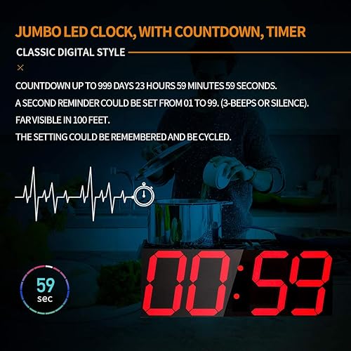 Miniatura 5 de Goetland Reloj de pared digital de gran tamaño de 18 pulgadas LED moderno pantalla grande temperatura multifuncional control remoto 4 dígitos para