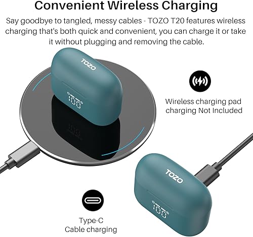 Miniatura 4 de TOZO Auriculares inalámbricos T20 Bluetooth 48.5 horas de reproducción con pantalla digital LED, IPX8 impermeable, doble micrófono con cancelación