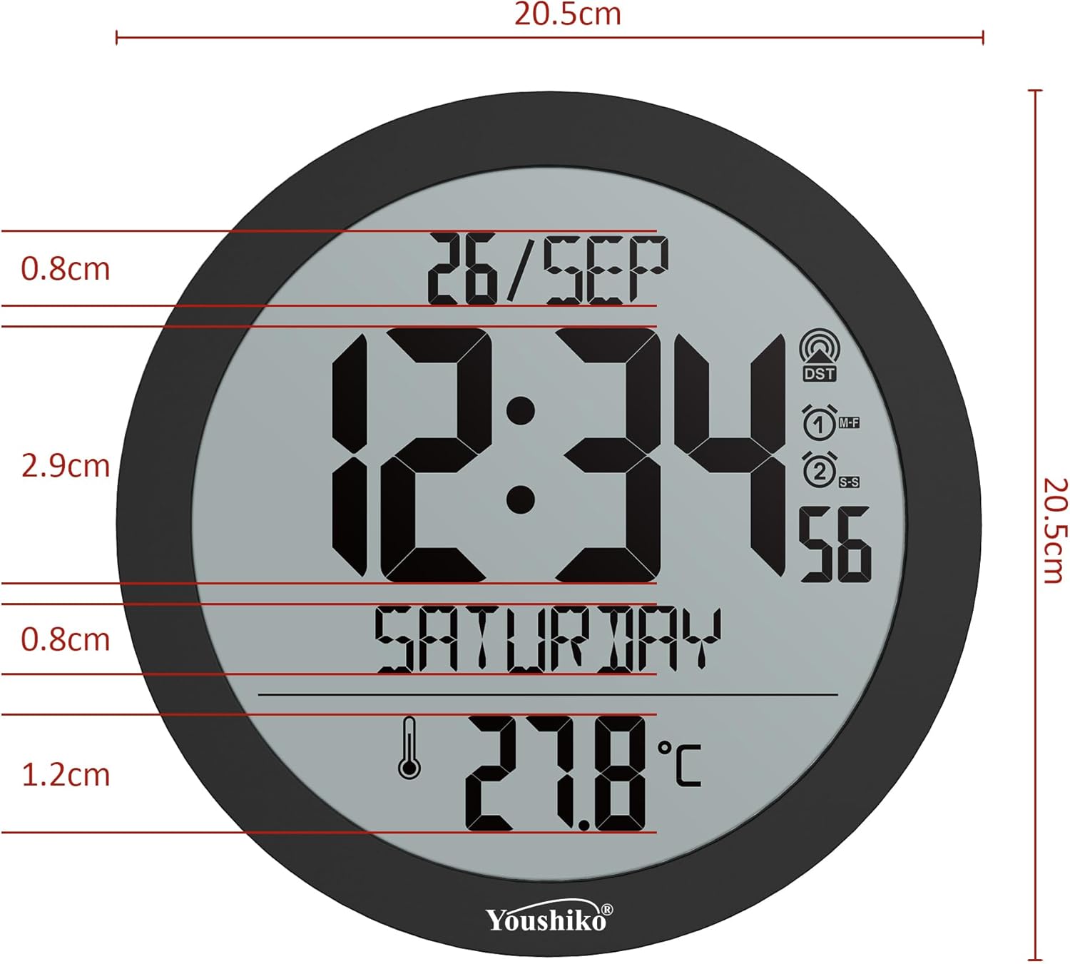 Bahagian hadapan terperinci view of the Youshiko Radio Controlled Wall Clock display, showing time, date, day, and temperature.
