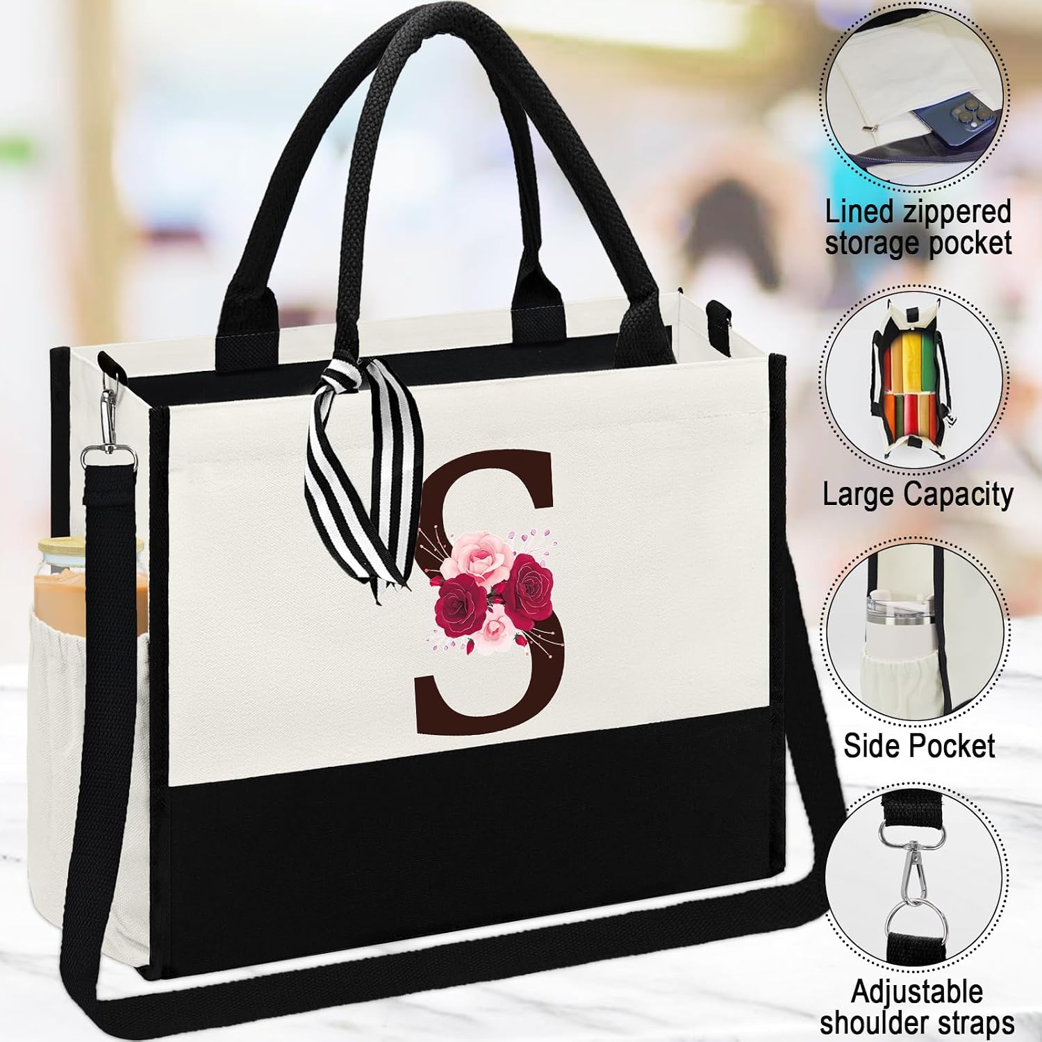Birthday Gift for Women,Initial Canvas Tote Bag,Personalized Gifts for Women,16oz Glass Cup With Straw,Beach Bag,Jewelry Storage Box,Monogrammed Gift for Woman Mom Sister Bestie-S