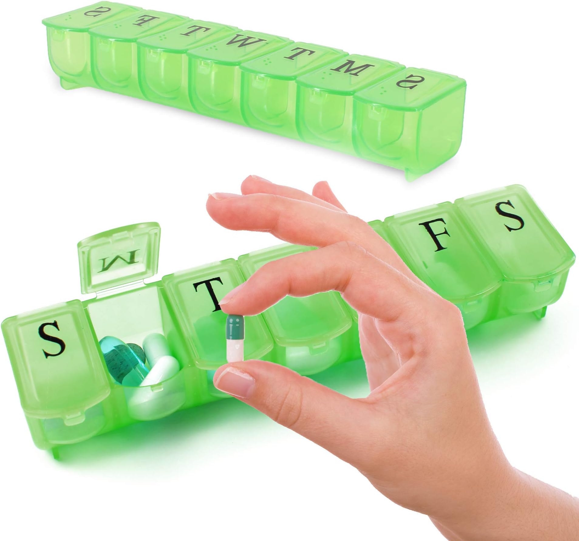 Pivit Weekly Pill Organizer | BPA Free Travel 7 Day Pill Box Case | 2 Pack | Easy Open Design and Large Compartments to Hold Vitamins, Pills, Supplements, Fish Oil and Medication (Green)