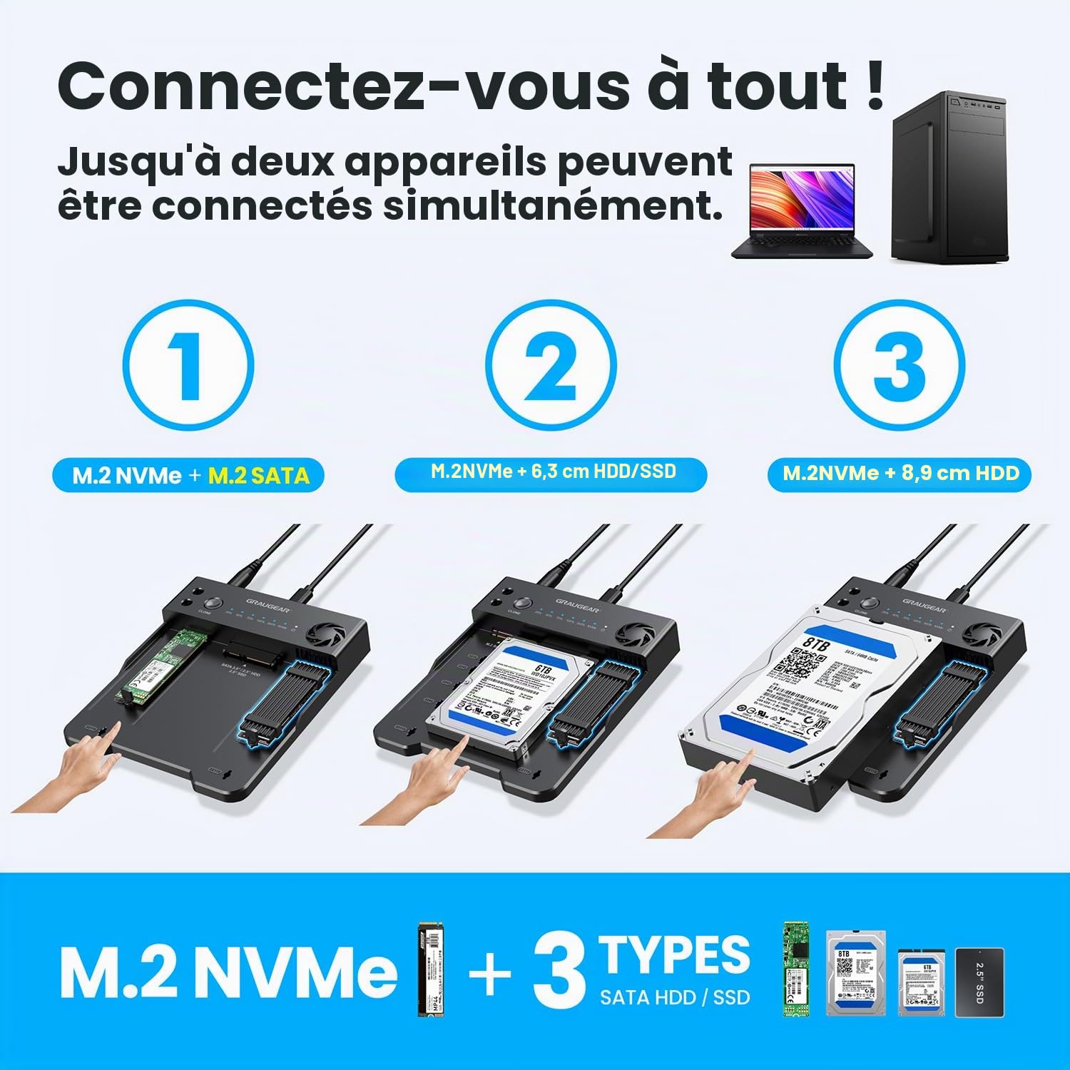 GRAUGEAR Station de Clonage Bidirectionnelle pour Disques Durs 2,5"/3,5" SATA HDD, SSD M.2 SATA et M.2 NVMe, Station d’Accueil pour Disques, Lecteur, USB3.2 Gen2 (10Gbit/s), Ventilateur Silencieux