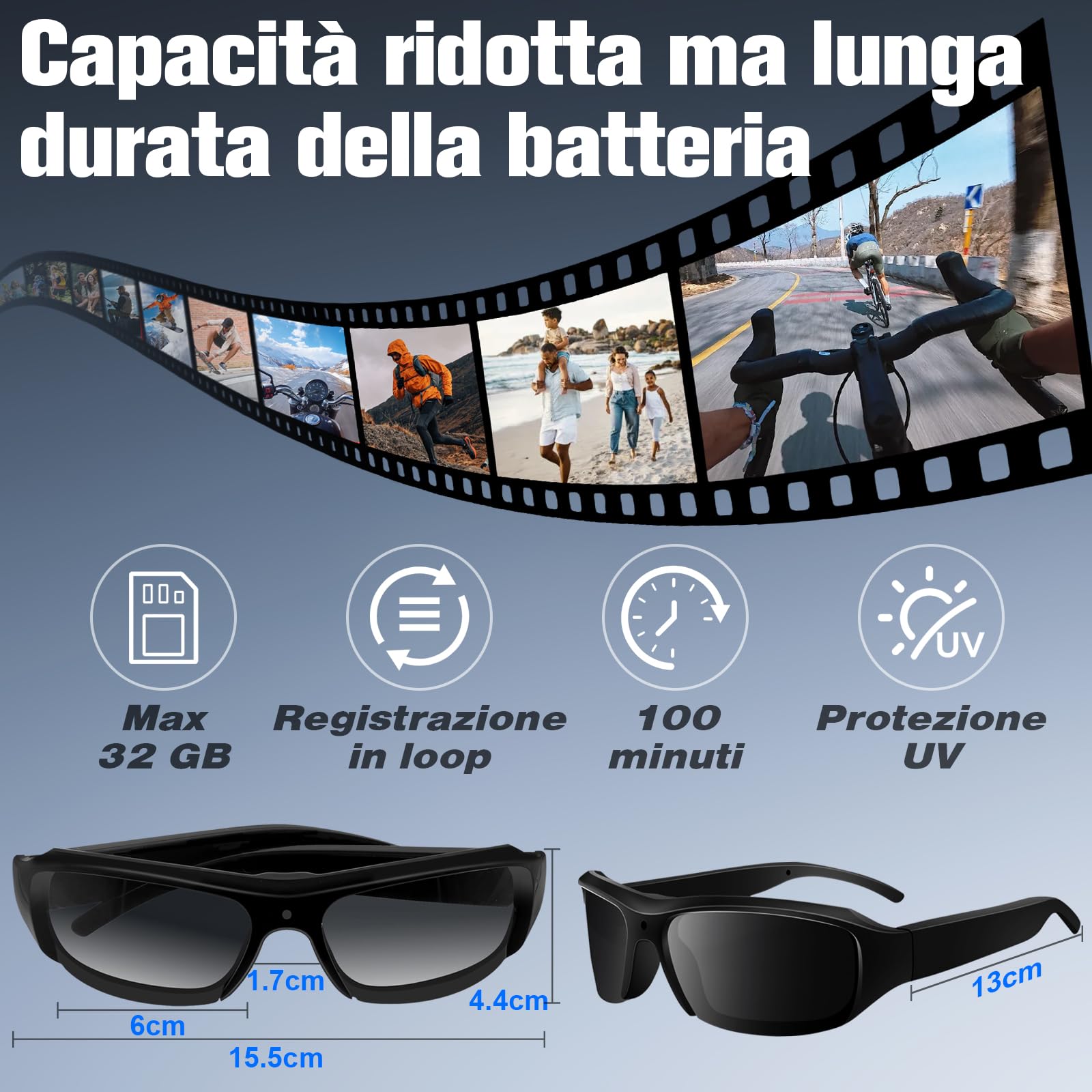 Occhiali da Sole Action Camera, Occhiali sportivi con telecamera HD1080P, Registratore Video Esterno con Scheda MicroSD 16GB, Ideale per Campeggio, Escursioni, Pesca e Attività Outdoor