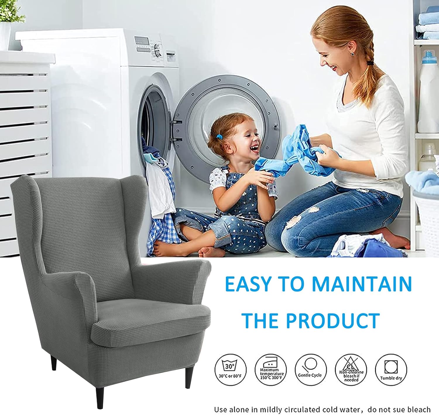 Stretch Polyester Wing Chair Cover Solid Color 2 Pieces Soft Wing Chair Slipcovers Removable Wingback Chair Covers -Khaki