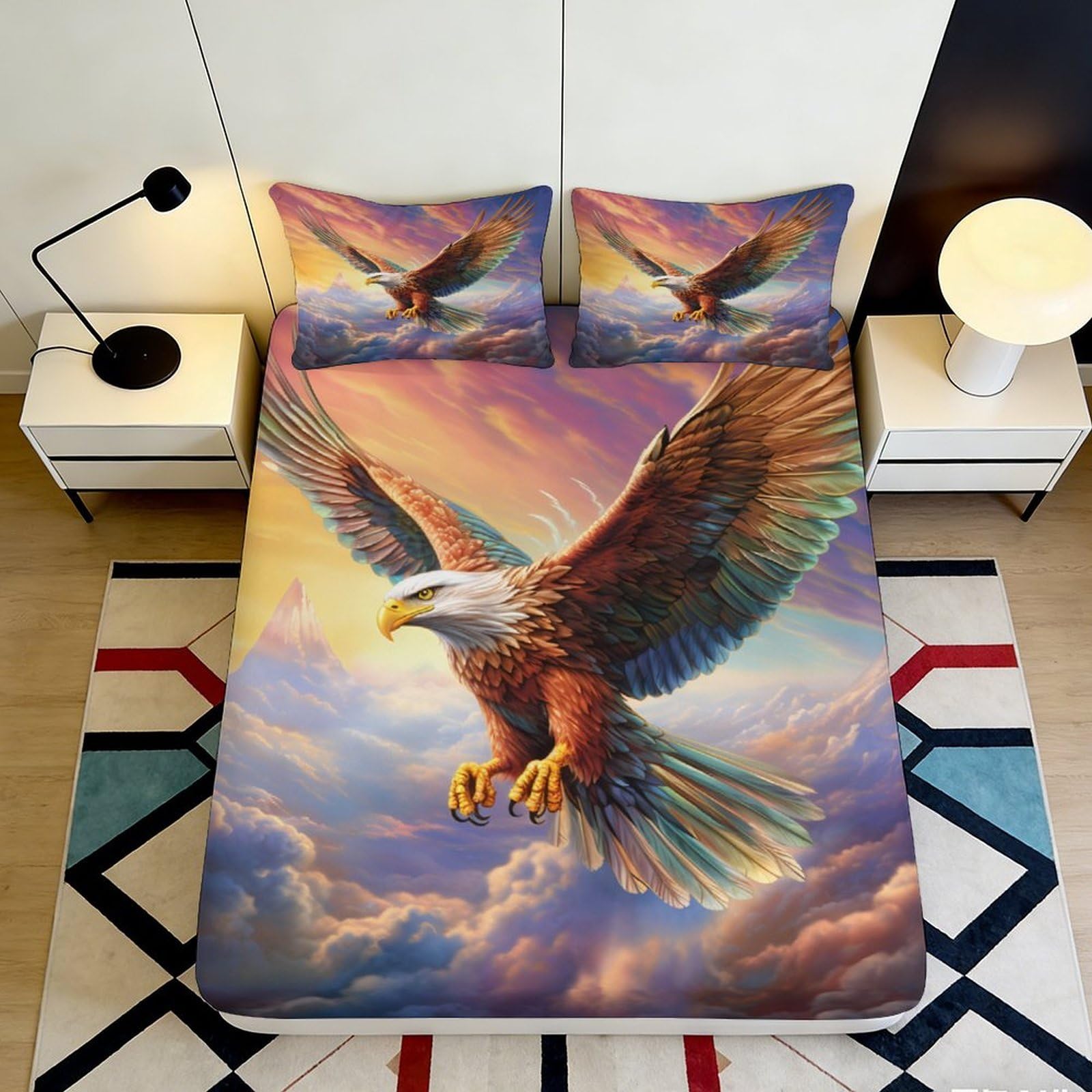 3D Printed Bald Eagle Sunset Fitted Sheet Microfiber Soft Breathable Mountain Sky Mattress Cover for Bedroom Dorm Decor 90x200x25cm