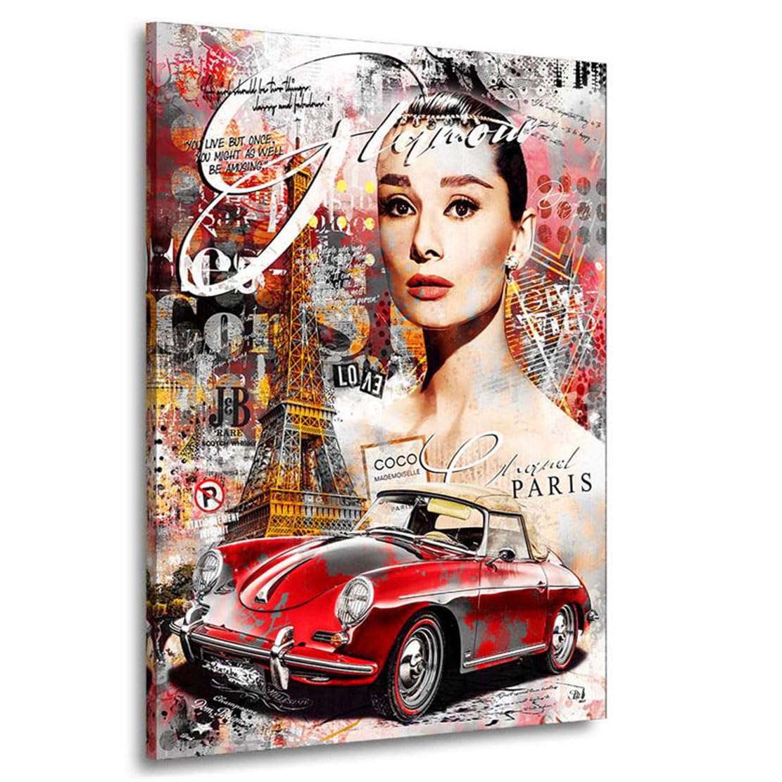 Kunstgestalten24 | Audrey Hepburn Paris | Kunst Pop Art Bild | Auto Speddster | Wohnzimmer bilder | Wandbilder | Wanddeko | XXL Bilder auf Leinwand | Moderne Bilder |