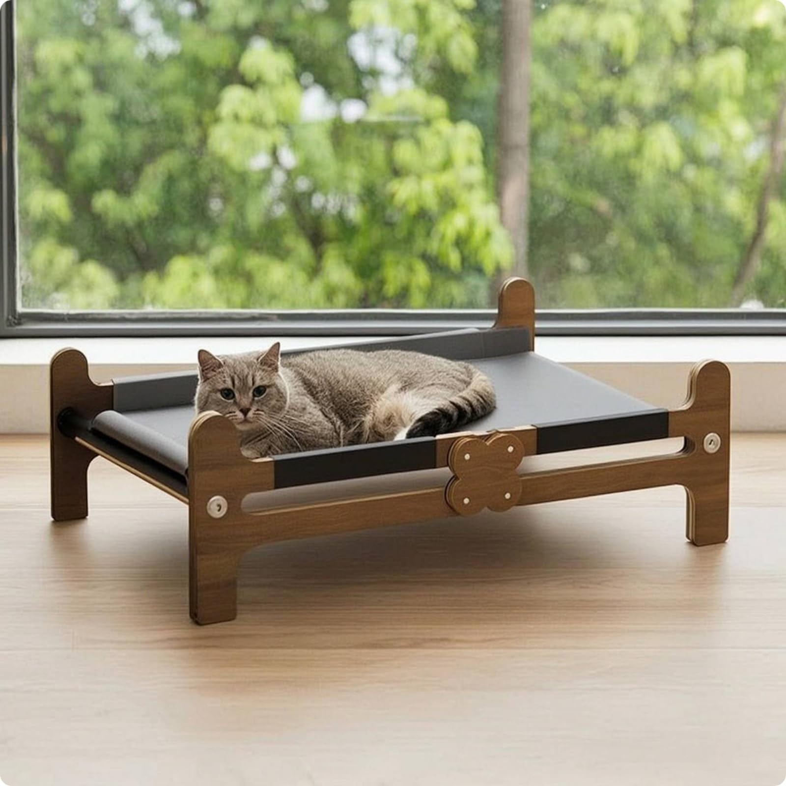 Jiuvaso Letto Rialzato per Gatti Letto Piattaforma Cuccia Amaca Riposo con Cornice in Legno Angoli Arrotondati Stabilità, Letto Per Animali Domestici In Legno Naturale