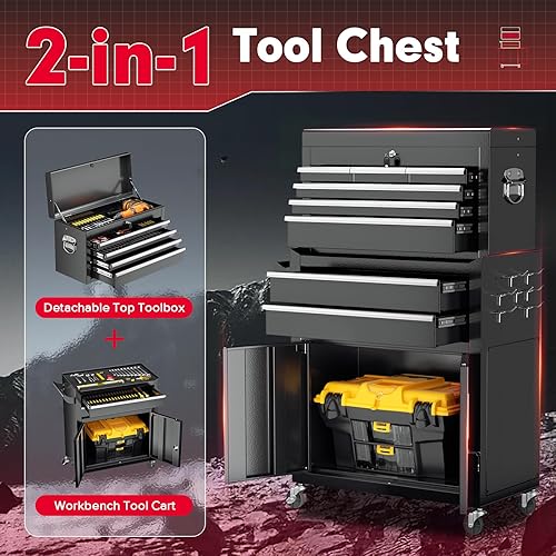 Miniatura 4 de Superday Cofre de herramientas de metal, 8 cajones con ruedas, gabinete de almacenamiento de herramientas desmontable con cerradura para garaje,