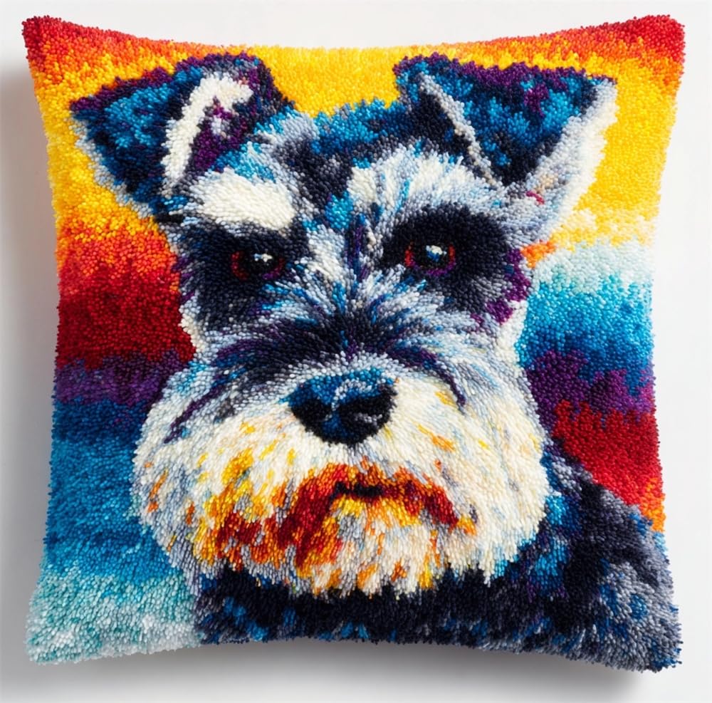 FWRTYCB 3D Pillow Latch Hook Embroidery Kits Schnauzers Cushion Art