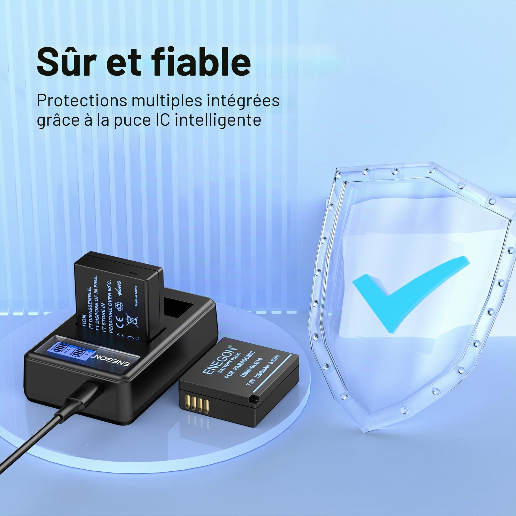 ENEGON DMW-BLE9 DMW-BLG10 Lot de 2 Batteries 1200mAh et Chargeur, Câble USB-C et écran LCD, pour Panasonic Lumix DC-LX100 II, TZ202, TZ101, TZ99, TZ91, TZ81, DMC-GX7, DMC-GX9, DMC-GX80, DMC-GX85