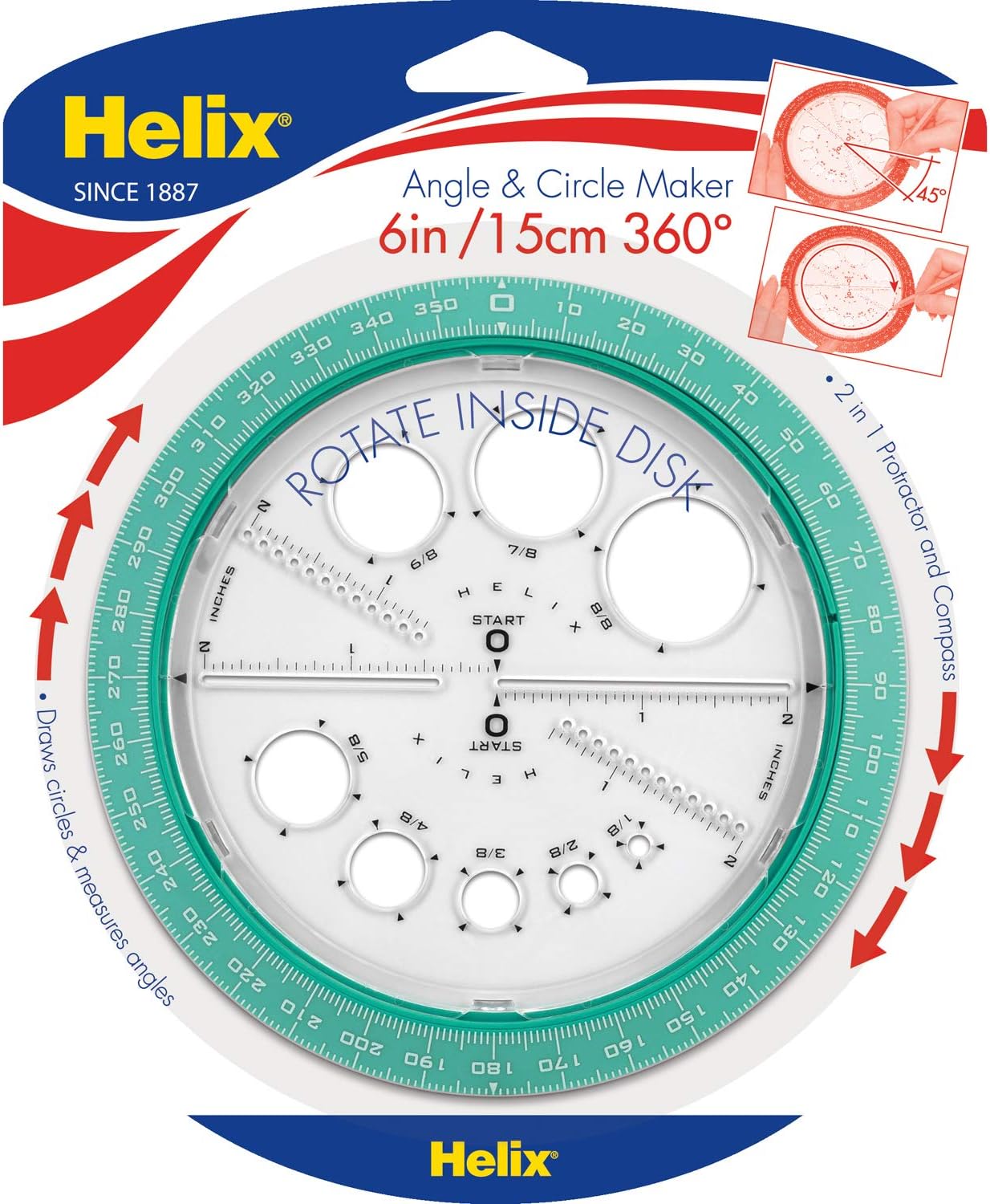 Helix Angle and Circle Maker with Integrated Circle Templates, 360 Degree, 6 Inch / 15cm, Assorted Colors (36002) : Industrial & Scientific