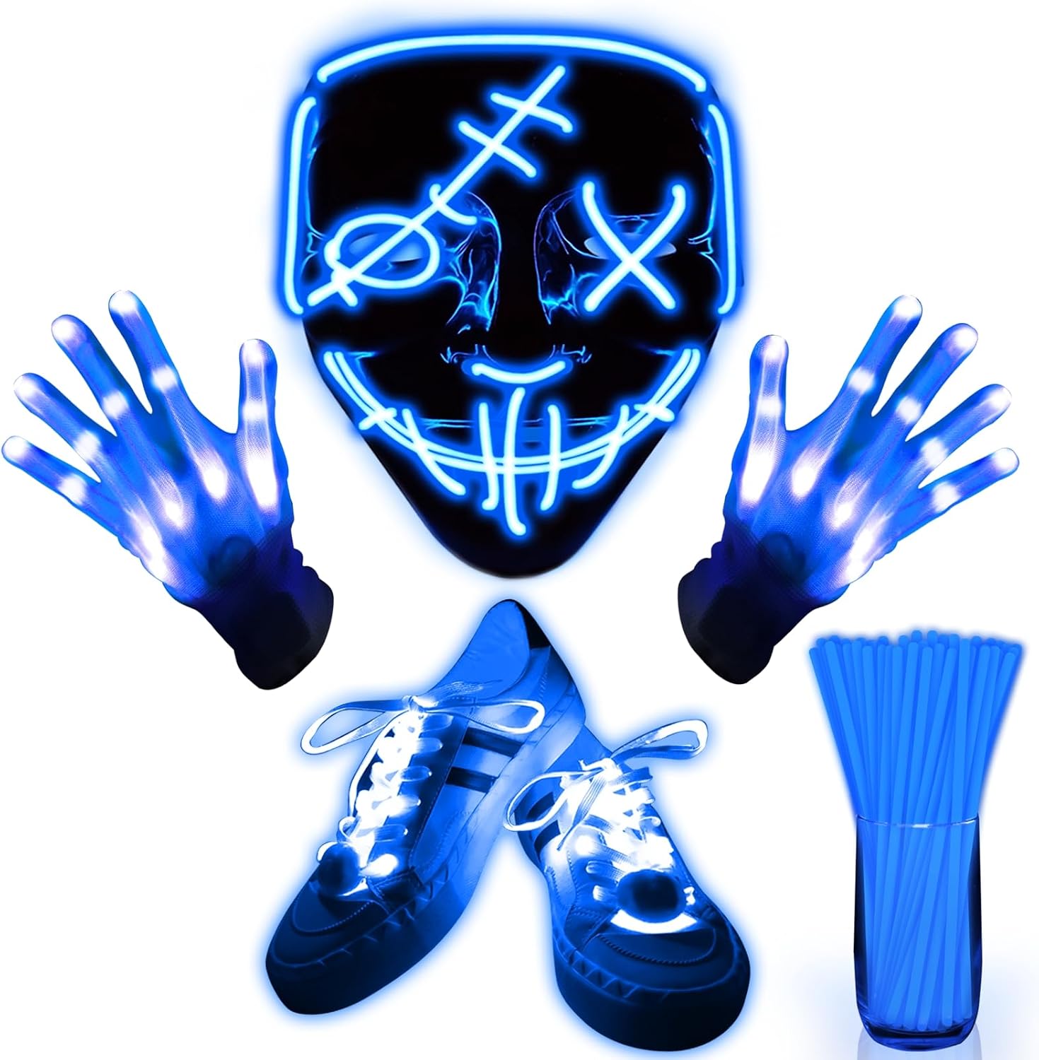 Camlinbo 4 Set Halloween LED Mask Light Up Gloves Glow Shoelaces Glow Sticks Connector Scary Halloween Costume Party