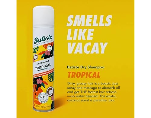 Miniatura 7 de Batiste Champú seco, fragancia tropical, refresca el cabello y absorbe el aceite entre lavados, champú sin agua para mayor textura y cuerpo del