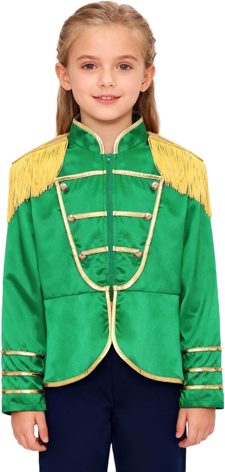 Hansber Kids Boys Girls Drum Majorette Long Sleeve Fringe Tassel Jacket Coat Honor Guard Uniform Stage Show Outfit Green 16 Years