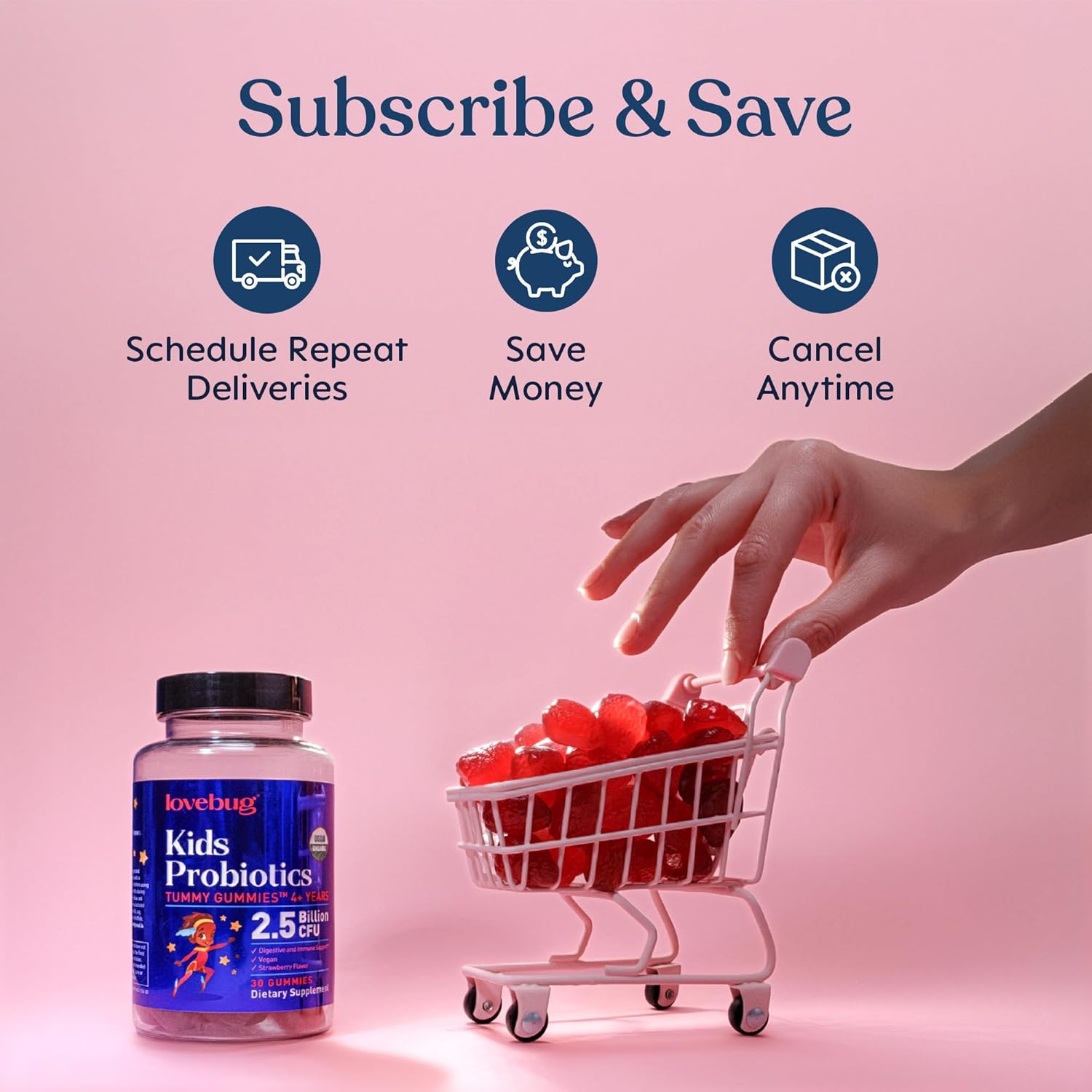 LOVEBUG Kids Probiotic Gummies – Organic Chewable Probiotics for Kids Aged 4+, Soil-Based Children’s Probiotic for Gut Health, Constipation, Digestive & Immune Support, Vegan, 30 Chews, Strawberry