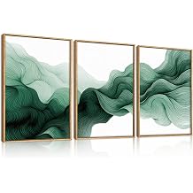 Large Abstract Green Waves Framed Canvas Wall Art Set,Modern Minimalist Smokes Wall Decor,Neutral Flowing Lines Artwork for Living Room,Bedroom,Office-16 x24 x3