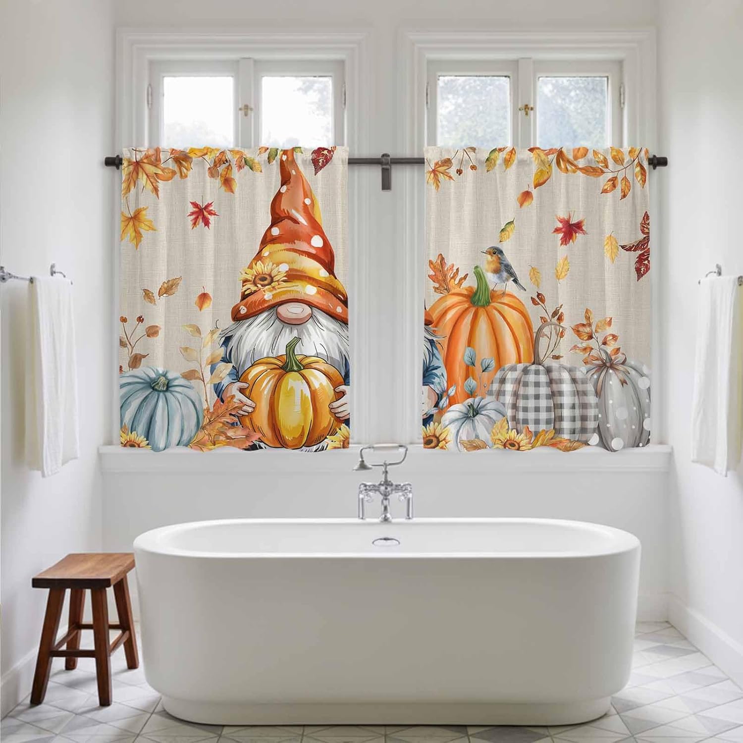 Orange Gnomes Fall Kitchen Curtains 45 Inch Long 2 Panel Set, Rod Pocket Window Treatment, Thanksgiving Maple Leaf Pumpkins Light Filtering Panels Short Drapes for Bathroom Camper 42"W x 45"L