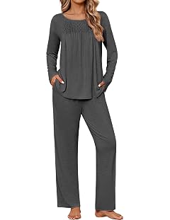 Ekouaer Womens Pajama Sets Fall Long Sleeve Pajamas for Women Trendy Pleated Pjs Sets Comfy 2 Piece Lounge