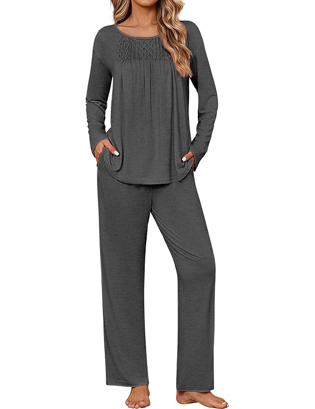 Ekouaer Womens Pajama Sets Fall Long Sleeve Pajamas for Women Trendy Pleated Pjs Sets Comfy 2 Piece Lounge