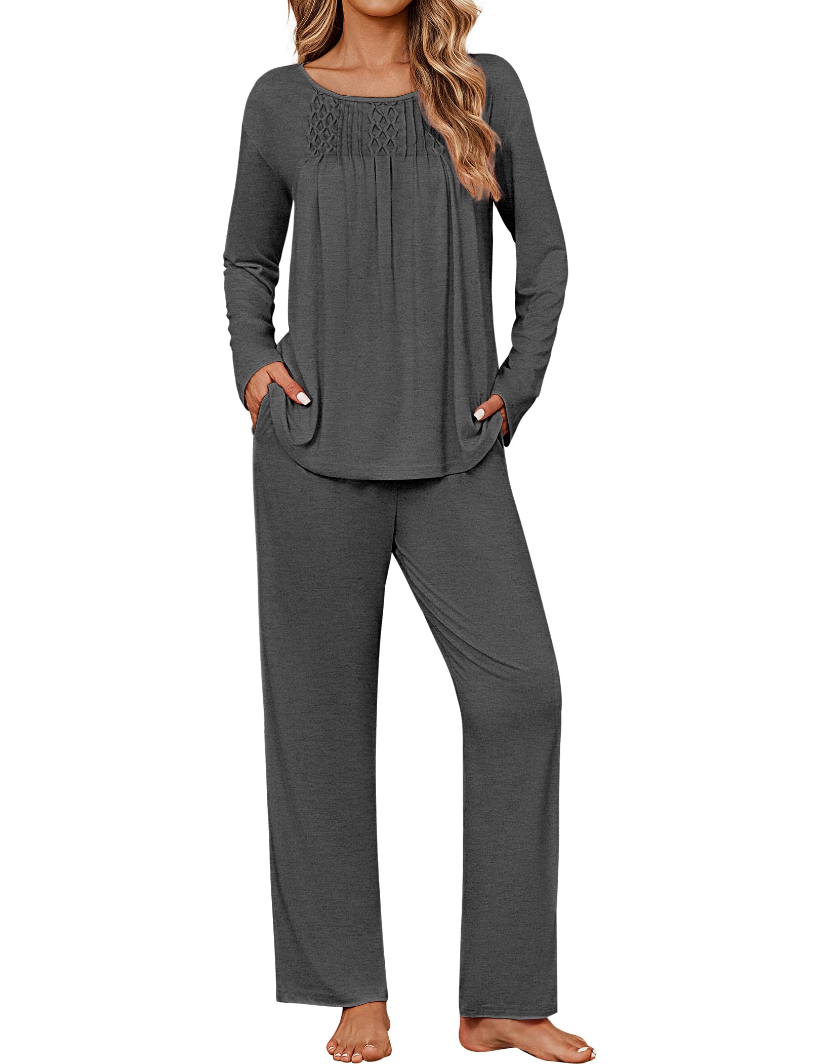Ekouaer Womens Pajama Sets Fall Long Sleeve Pajamas for Women Trendy Pleated Pjs Sets Comfy 2 Piece Lounge