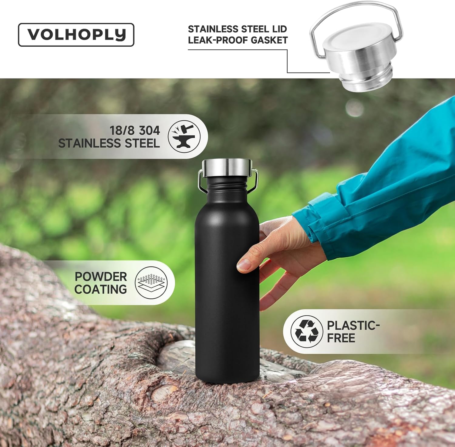 Volhoply 26oz Uninsulated Single Walled Water Bottles 4 Pack, Stainless Steel Reusable Water Bottle with Handle & Carabiner, BPA Free Wide Mouth Water Bottles for Gym Sports Camping（Black,4）