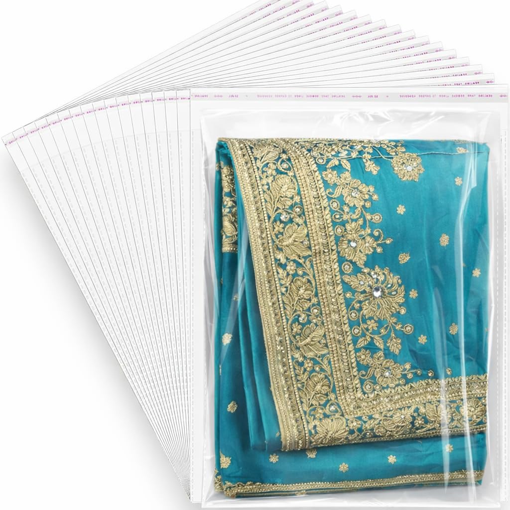RAAHII 50 piece Plastic packing Transparent Sealable Poly Bags For Saree suit shirt jacket Clothes cover storage in wardrobe (14X20, 50, count)-image-34
