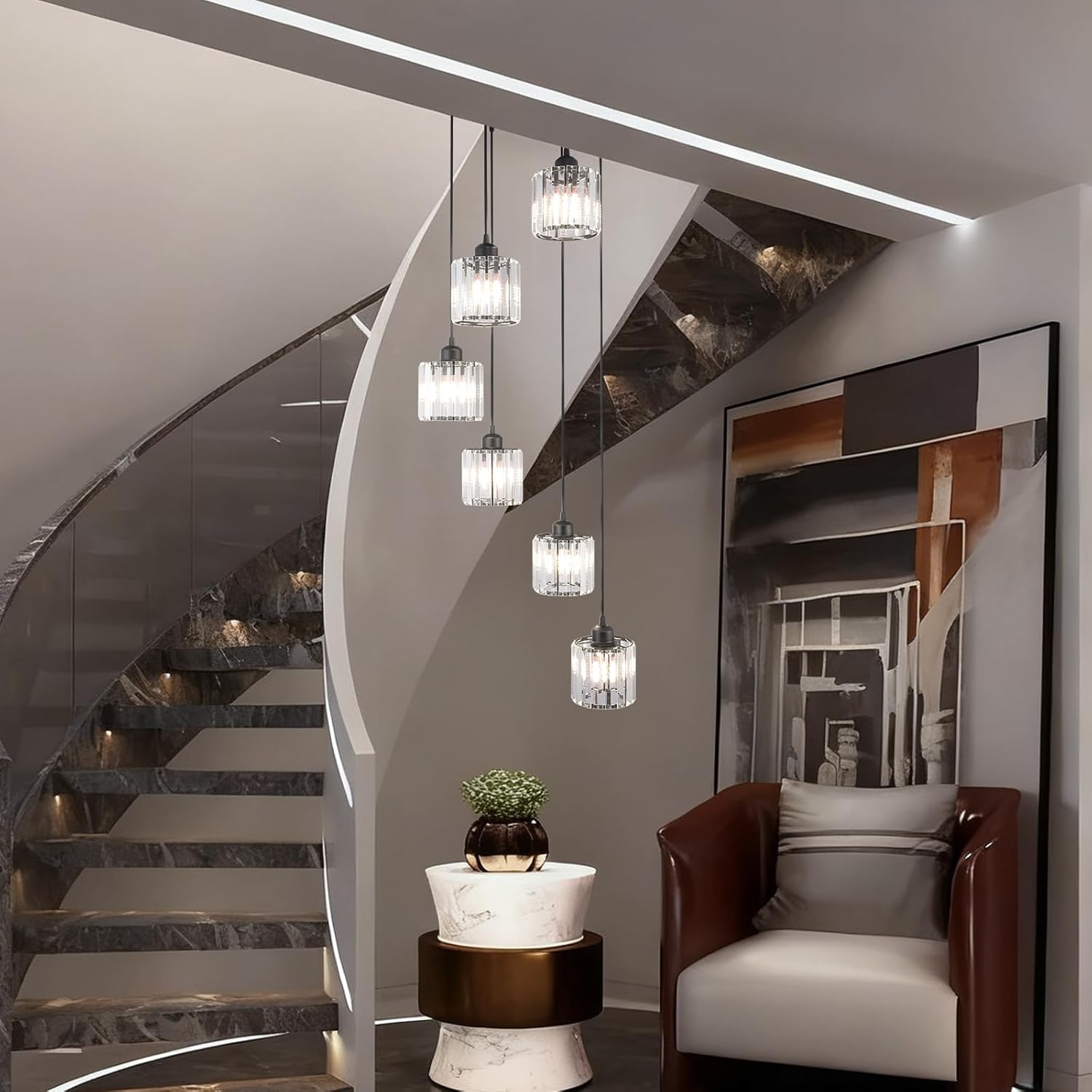 Modern Retro 6-Light Crystal Foyer Chandelier for High Ceilings, Large Hanging Chandelier for Staircase, Entryway, Kitchen Island, Adjustable Height Black E26 Pendant Light Fixture