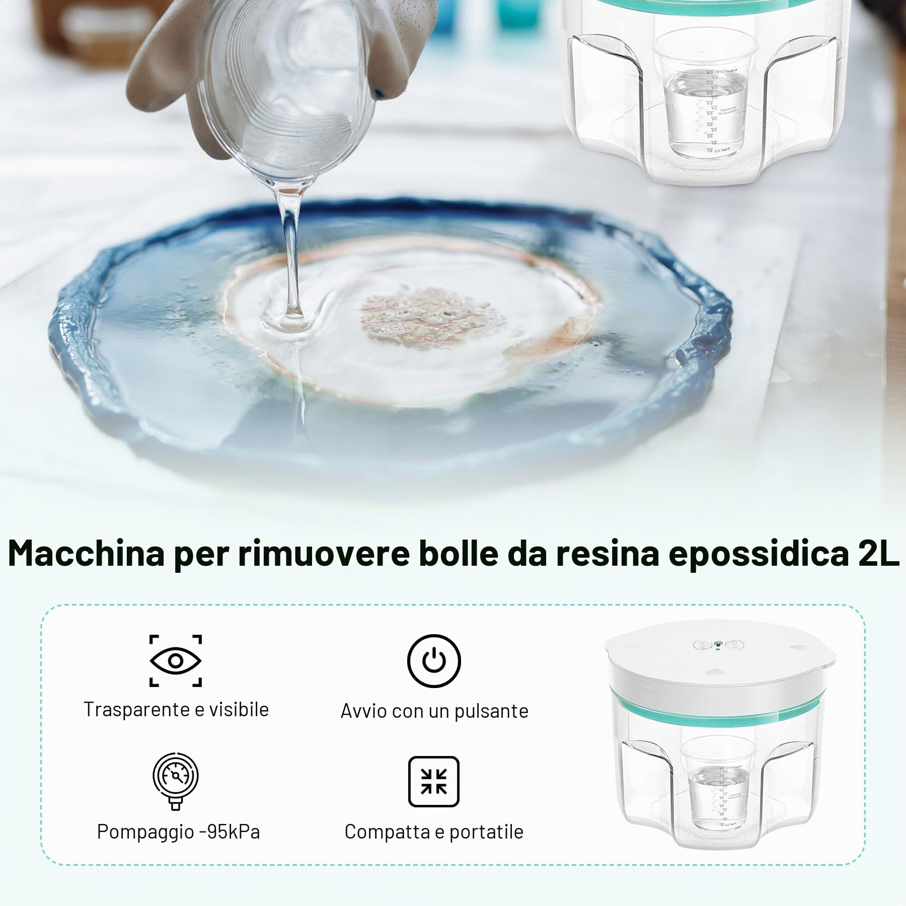 Rimozione Bolla in Resina 2L, 95 kPa Camera di Degassamento Sottovuoto | Rimuovere 99% Bolla in 5-8 Minuti, Camera di Vuoto Senza Aria per Resina Epossidica, Resina UV, Stampi in Silicone, Fai da te