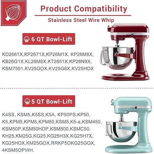 Miniatura 5 de KitchenAid - Accesorio de alambre de acero inoxidable para batidoras de 5 a 6 cuartos de galón, reemplazo de batidor de alambre para K5AWW, batidor