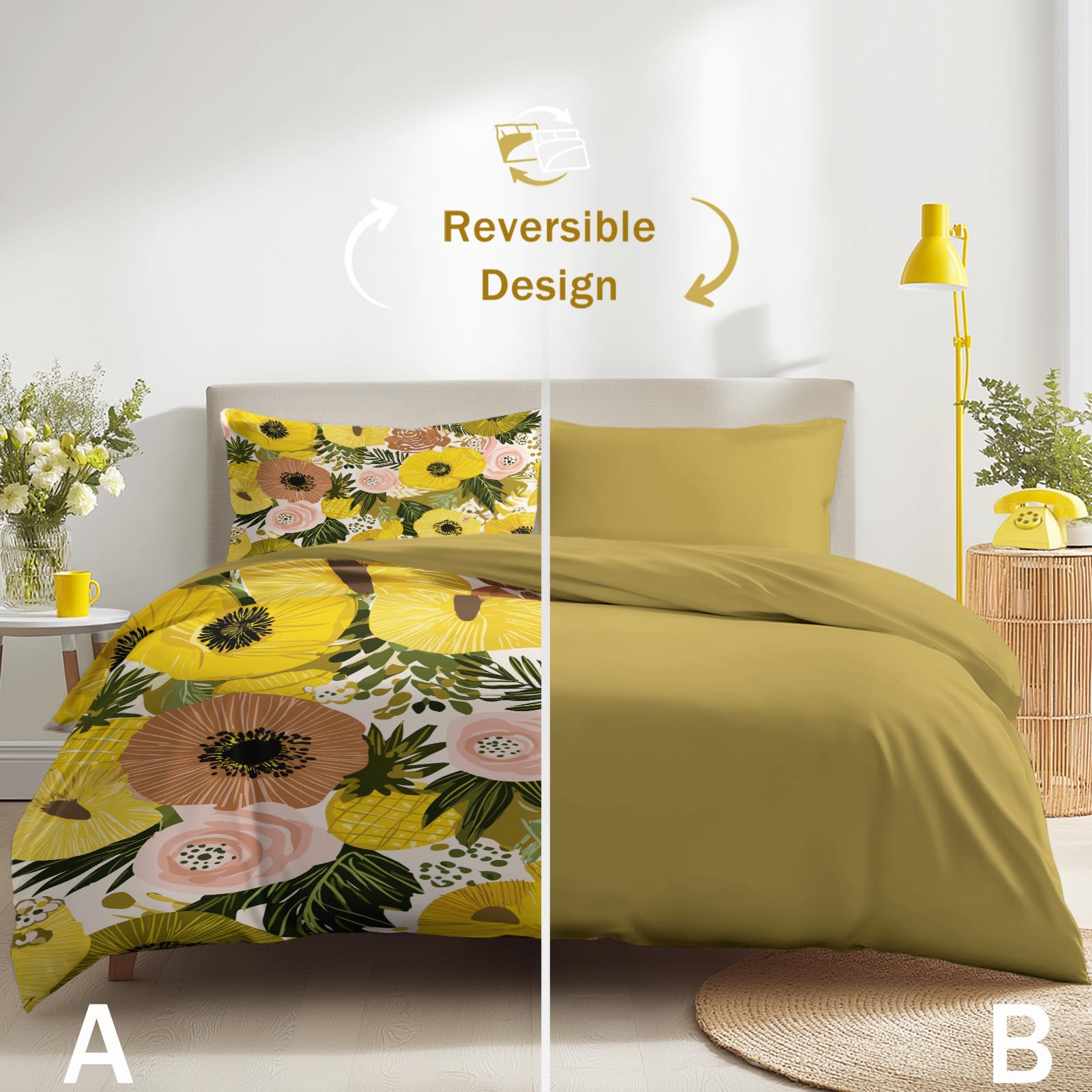 Supermiękka poszewka na kołdrę Super King - stylowy i nowoczesny zestaw pościeli premium, żółta poszewka na kołdrę do pokoju dziecięcego, kwiatowy botaniczny kwiat maku, jasny, żywy, dwustronny wzór
