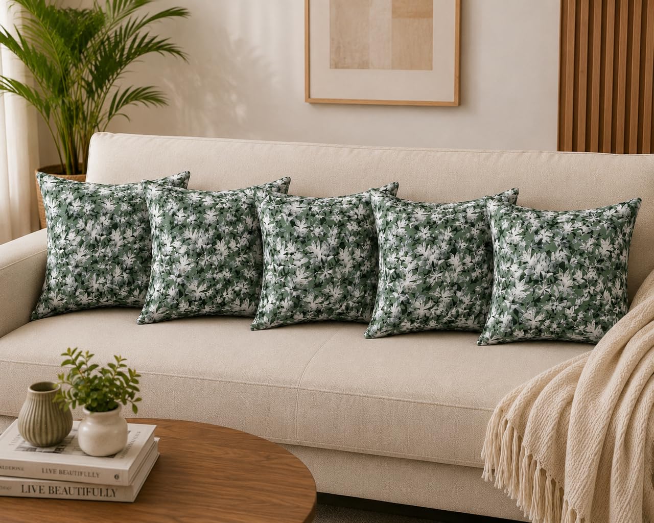 Sage Whisper Printed Cushion Cover 50 x 50 cm| Cotton Linen Blend Decorative Throw Pillow Covers | Botanical Leaf Print | Hidden Zipper | Sofa Living Room Bedroom Décor | Size-20x20 Inch |Set of 5-image-20