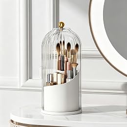 BSDLZCH Toothbrush Holder with Cover, 360 Rotating Dust-proof Toothbrush Holder 3 Slots Rotating Makeup Brush Holder for Vanity Bathroom Countertop Organizer (Transparent White)