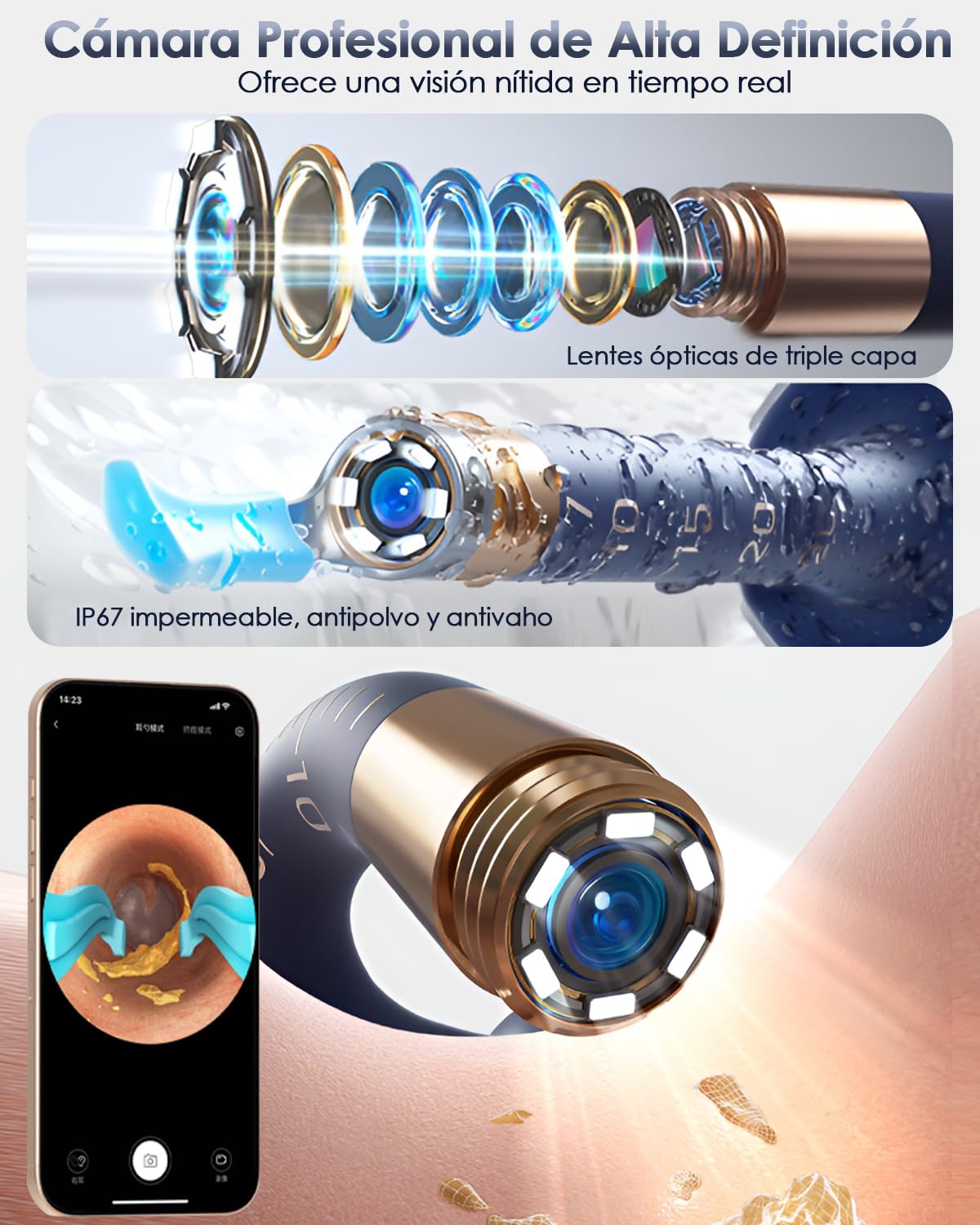 Otoscopio Flexible, Limpia Oidos con Cámara HD y 6 LED, Limpiador de Oidos Cera con Puntas de Repuesto Variadas para Examen de Oídos/Nariz/Garganta, Limpieza Oidos Adultos Compatible con iOS y Android