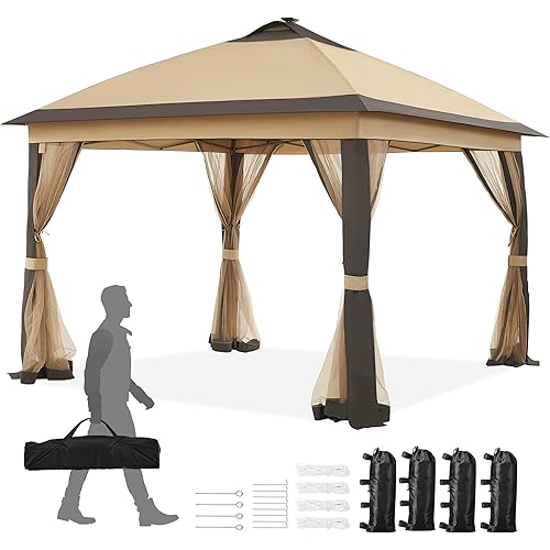 Yaheetech 11'x11' Pop Up Gazebo Instant Tent with 17 Solar LED Lights & Zippered Mesh Netting, Outdoor Shelter Sun Shade Gazebo with Sandbags for Backyard Garden Patio, Khaki & Brown