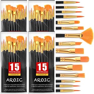 AROIC Acrylic Paint Brush Set,4pack/60pcs Nylon Hair Oil Watercolor Rock Face Painting Artist Paint Brushes, 15 Sizes Painting Brush Set for All Purposes Kids Adult Arts Paint Brush Supplies.