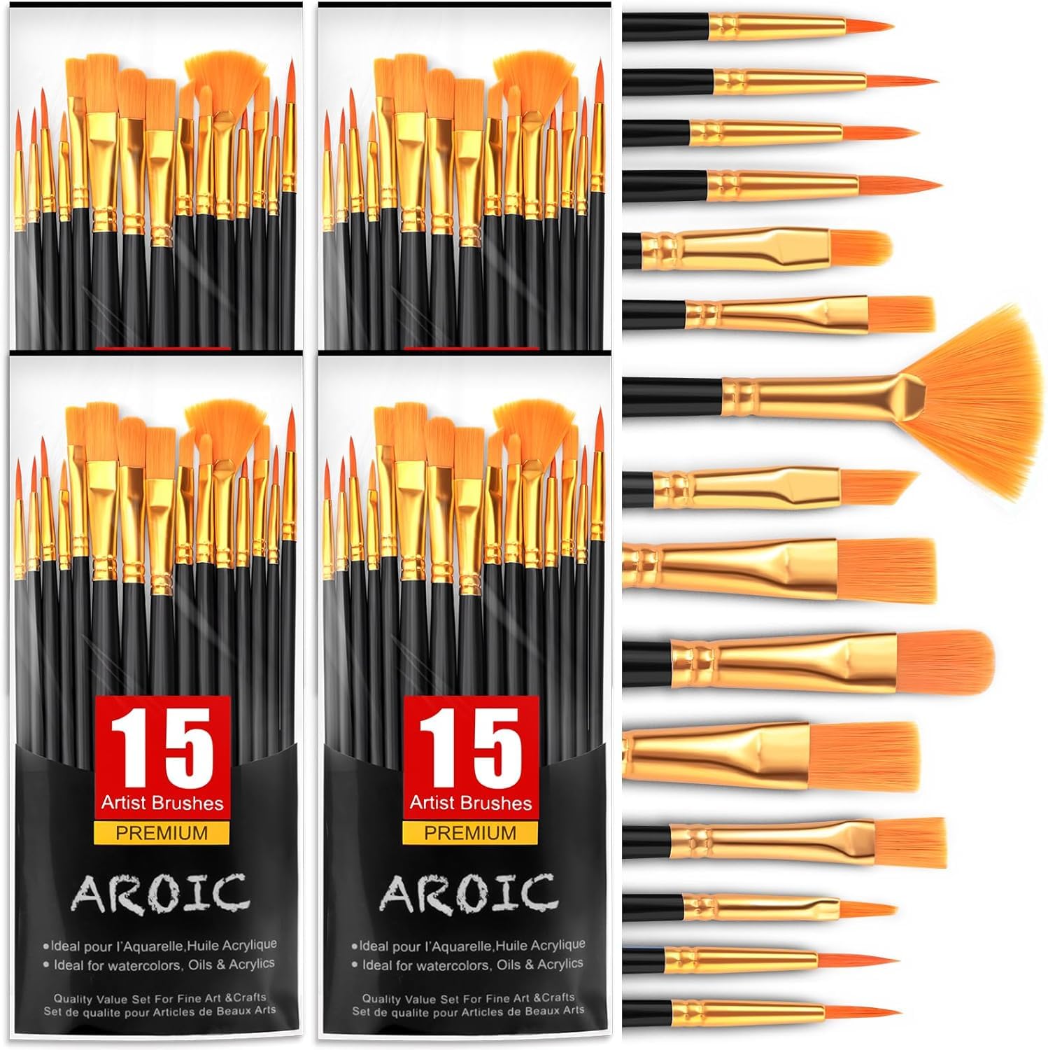 AROIC Acrylic Paint Brush Set,4pack/60pcs Nylon Hair Oil Watercolor Rock Face Painting Artist Paint Brushes, 15 Sizes Painting Brush Set for All Purposes Kids Adult Arts Paint Brush Supplies.