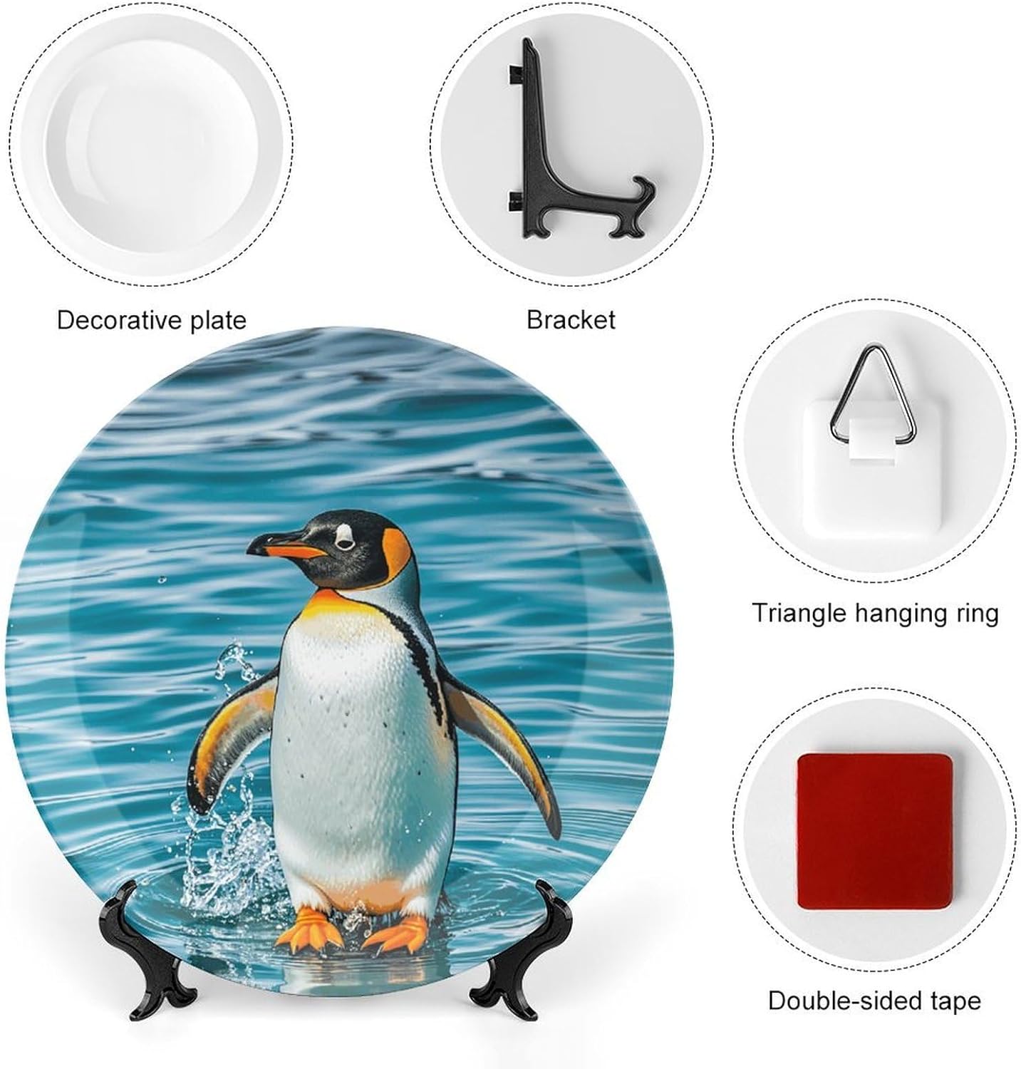 Happy Penguin in The Water Ceramic Plate 10inch Decorative Bone China Wall Hanging Ornament Plates Bohemian Style Dinner Plate with Display Stand Cabinet Display Plates for Home Art Decor