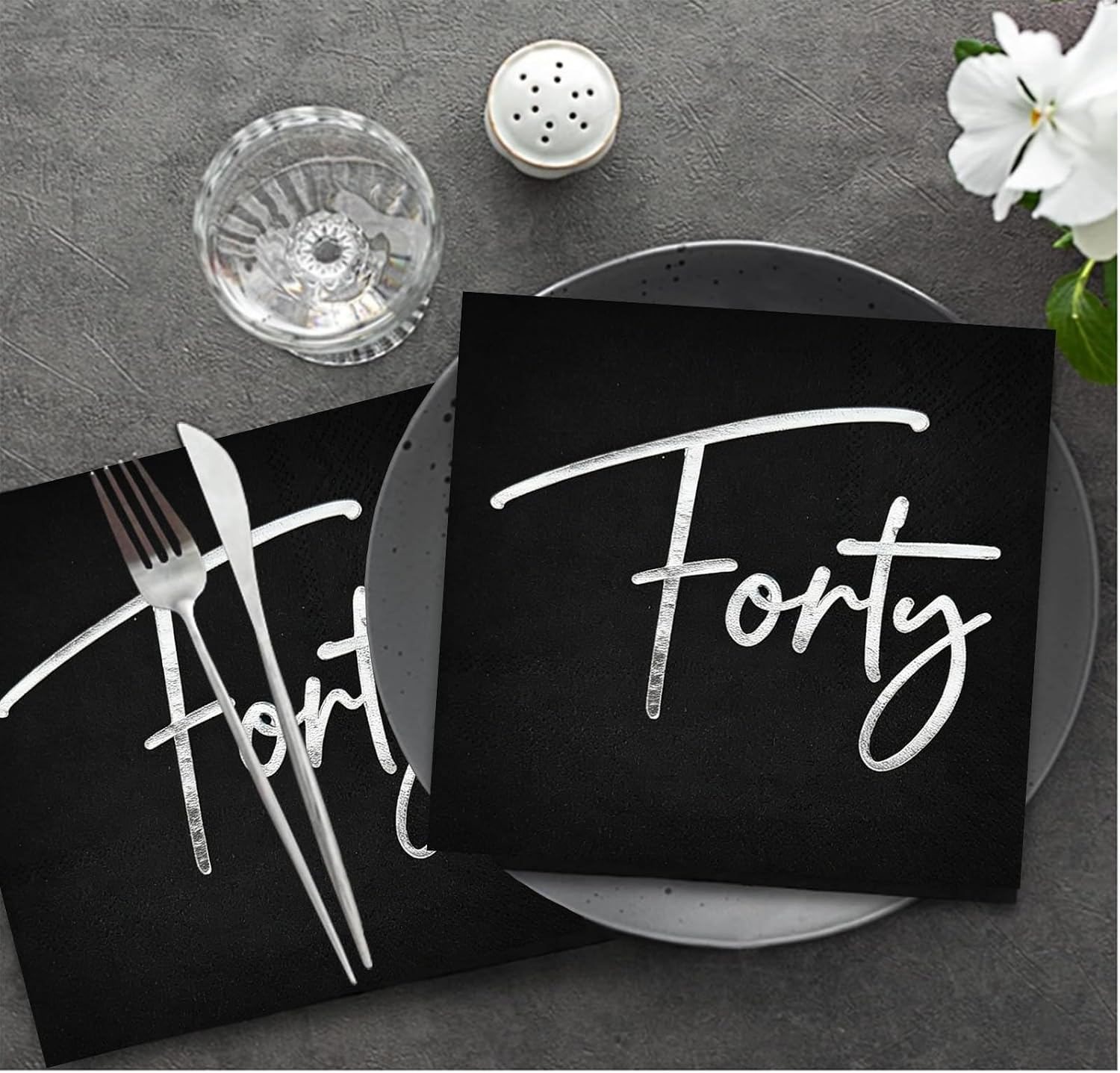 40 Count 40th Birthday Napkins,Black and Silver Happy 40th Birthday Paper Cocktail Beverage Napkins for His Her Forty 40 Year Party Decoration 5x5 Inch